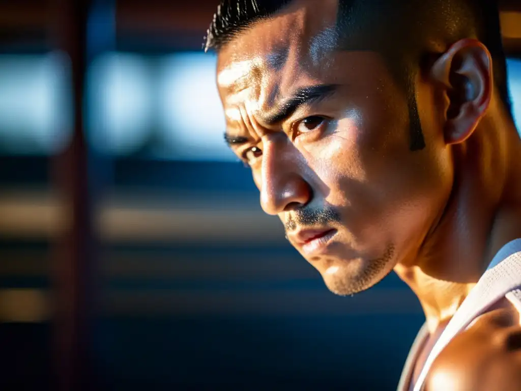 Un artista marcial se concentra en su entrenamiento, con gotas de sudor brillando en su piel, en un dojo lleno de practicantes