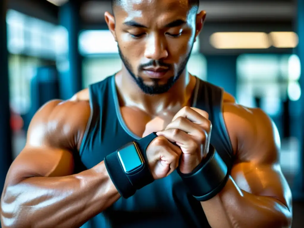 Un artista marcial se prepara para el entrenamiento, ajustando sus guantes y usando un wearable