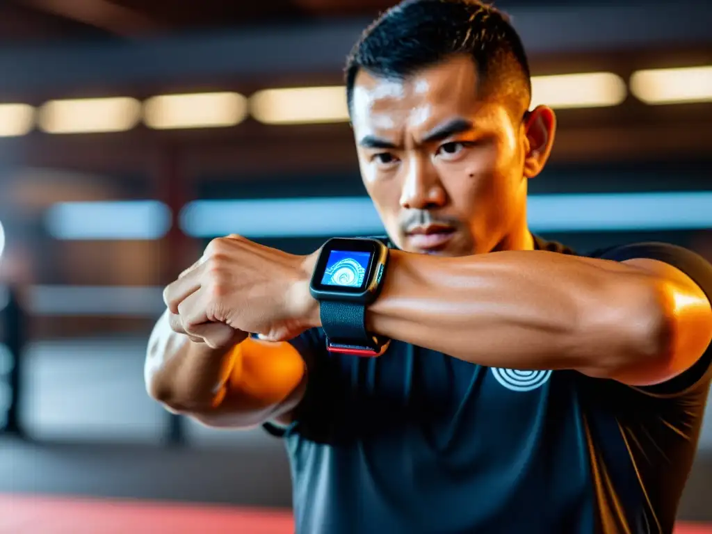 Un artista marcial usa wearables para entrenamiento marcial en un dojo tradicional mientras realiza un golpe preciso y potente