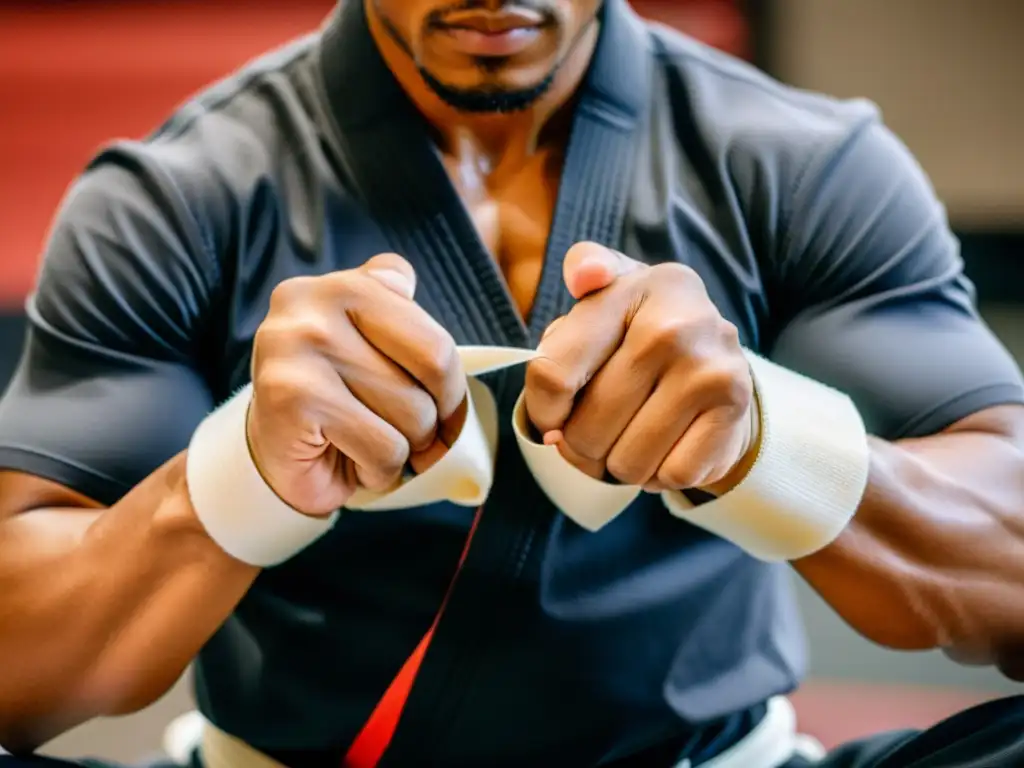 Un artista marcial se prepara para el entrenamiento, envolviendo sus nudillos con cinta