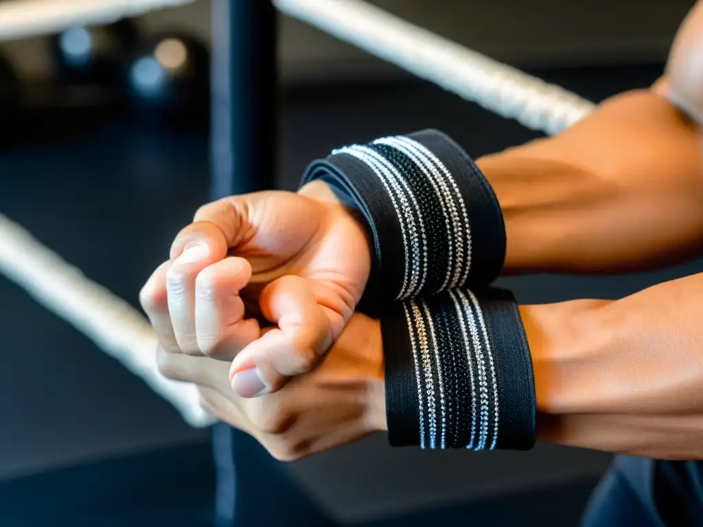 Un artista marcial envuelto en determinación ajusta las vendas negras en su mano, con un dojo de fondo