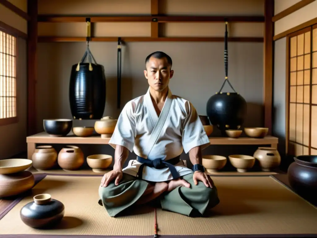 Un artista marcial prepara un equilibrado almuerzo en un dojo tradicional