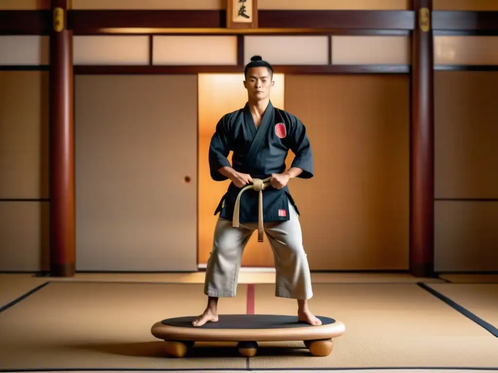 Artista marcial en equilibrio en dojo japonés, demostrando concentración y control