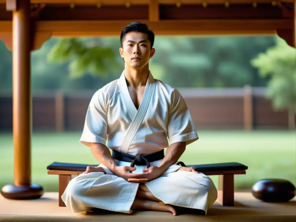 Un artista marcial en equilibrio perfecto en un banco de meditación de madera, con luz suave de la mañana