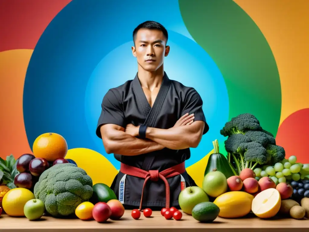 Un artista marcial en equilibrio rodeado de alimentos coloridos y nutritivos