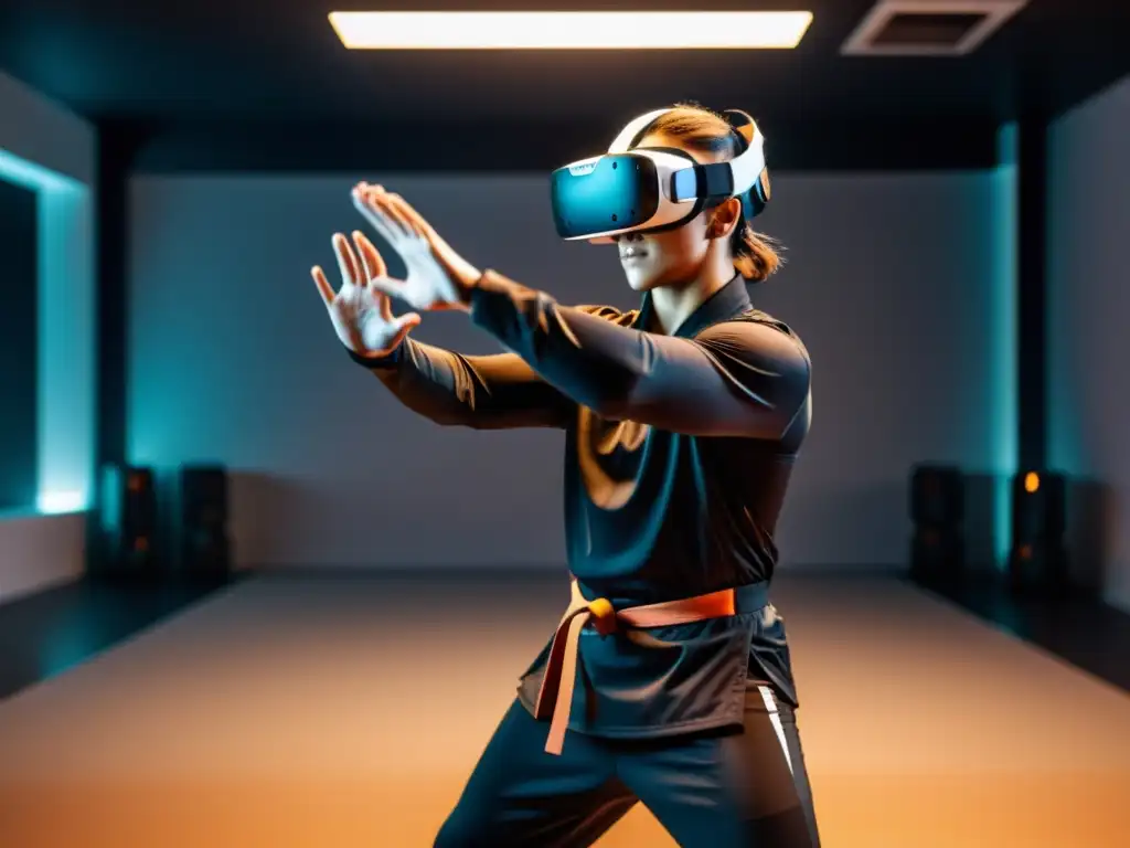 Martial Artist en Realidad Virtual: Precisión y Poder en Movimiento Un artista marcial en un estudio de realidad virtual, demostrando técnicas con precisión