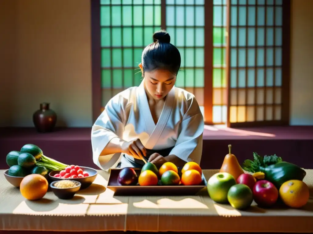 Un artista marcial prepara meticulosamente una exhibición de frutas y verduras frescas en un dojo tradicional, resaltado por el sol de la mañana