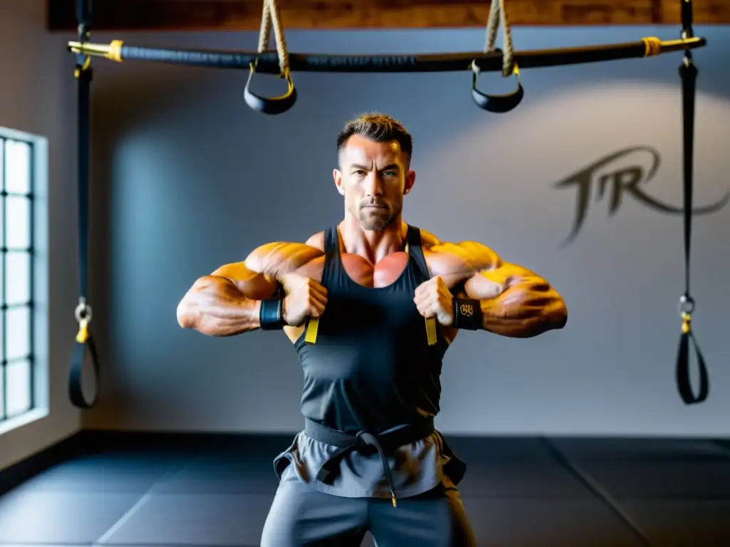 Martial Artist Dominando Ejercicios TRX con Gracia y Determinación Un artista marcial experimentado realiza elegantes ejercicios de TRX en un estudio, mostrando determinación y fuerza interior