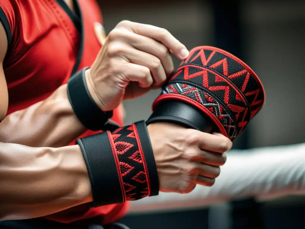 Muñequeras negras y rojas: detalle experto Un artista marcial experto envuelve sus muñecas con muñequeras para artes marciales en un ambiente de entrenamiento sereno y enfocado