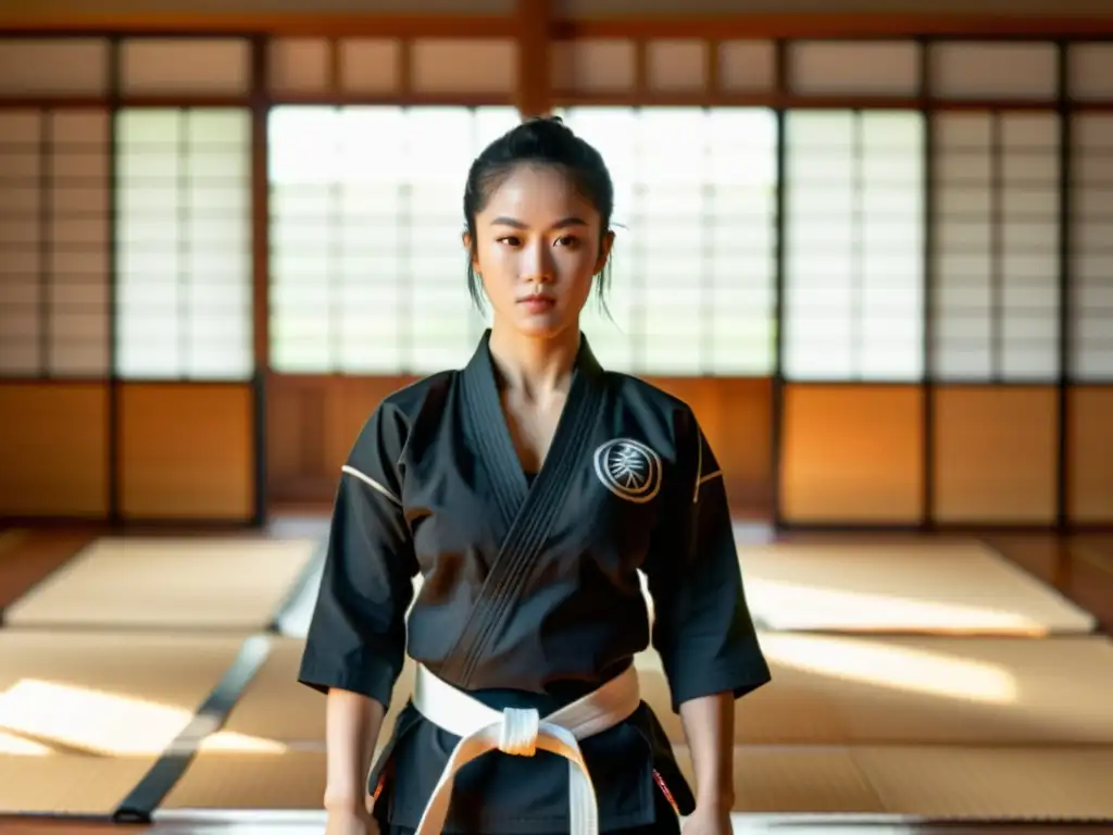 Una artista marcial femenina en un dojo tradicional, irradiando determinación y fortaleza mental