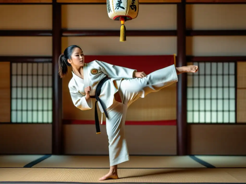 Una artista marcial femenina ejecutando una patada alta con gracia, en un entorno sereno de dojo