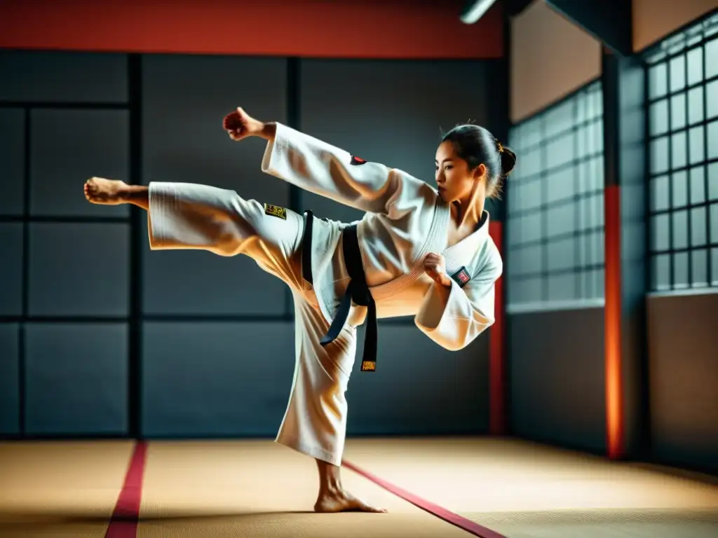 'Un artista marcial muestra flexibilidad y agilidad con un alto kick, reflejando la disciplina en su dieta para flexibilidad y agilidad marcial