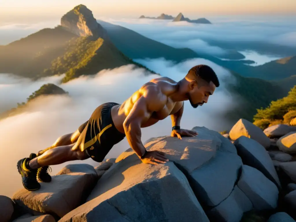 Un artista marcial realiza una flexión de brazo en un amanecer neblinoso en las montañas