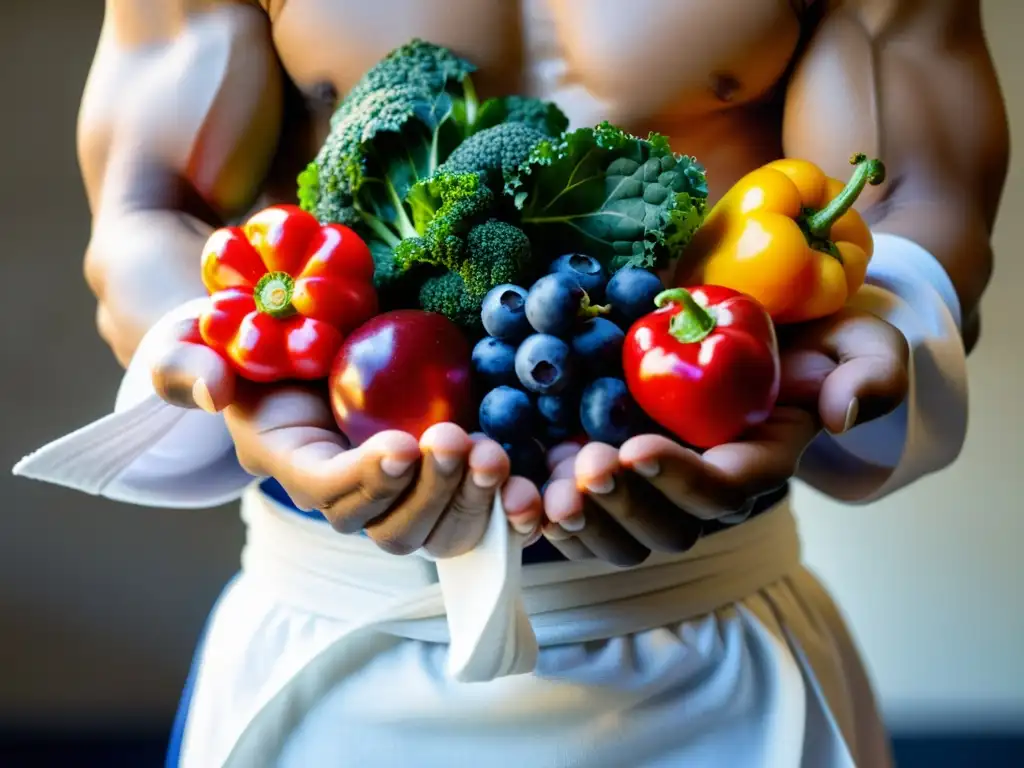 Un artista marcial sostiene con determinación frutas y verduras antioxidantes en sus manos envueltas en tela blanca