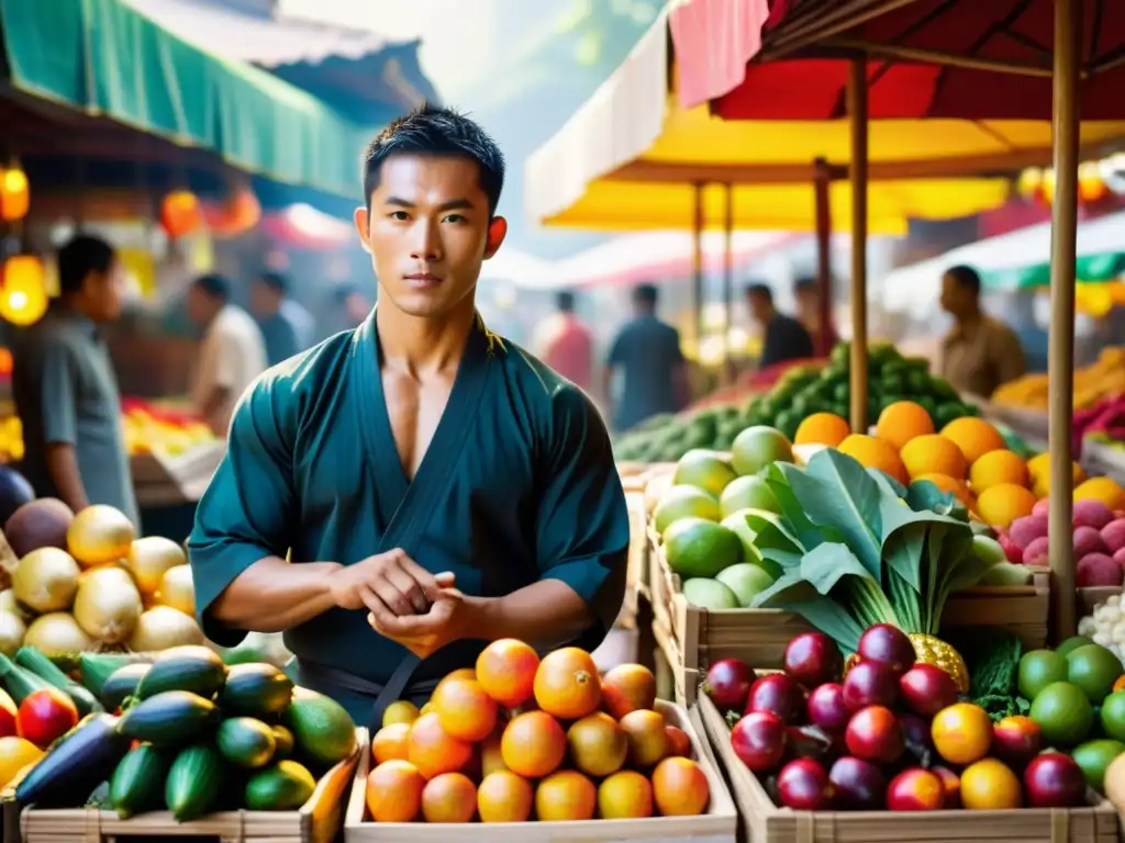 Un artista marcial elige frutas y verduras en un mercado asiático, reflejando la integración de dietas internacionales en las artes marciales