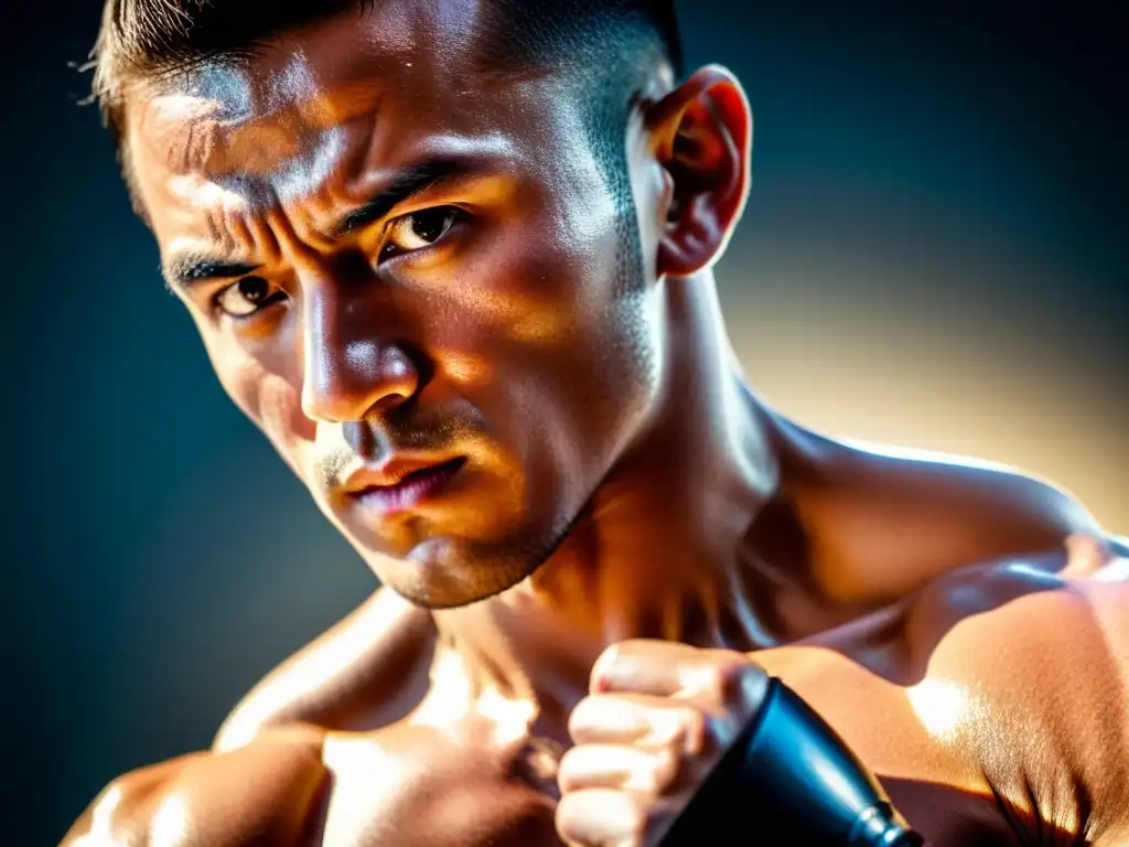 Un artista marcial muestra determinación y fuerza en un dojo, reflejando el desarrollo del potencial humano en las artes marciales