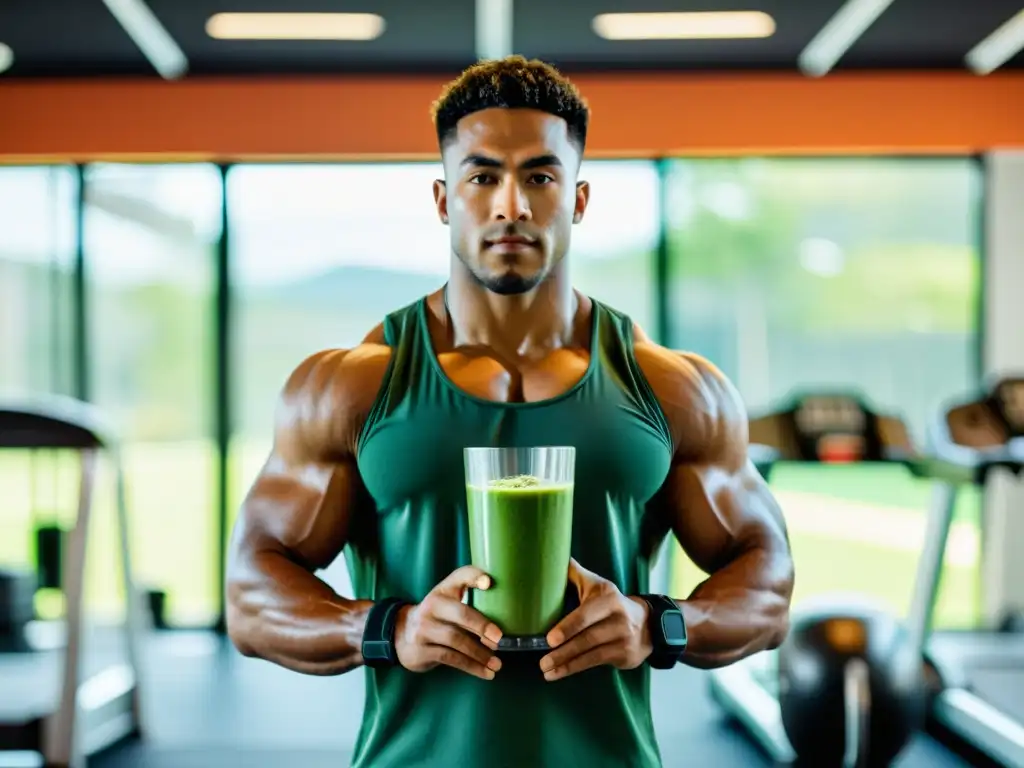 Un artista marcial en el gimnasio preparando un batido post-entrenamiento, reflejando la intensidad del ejercicio