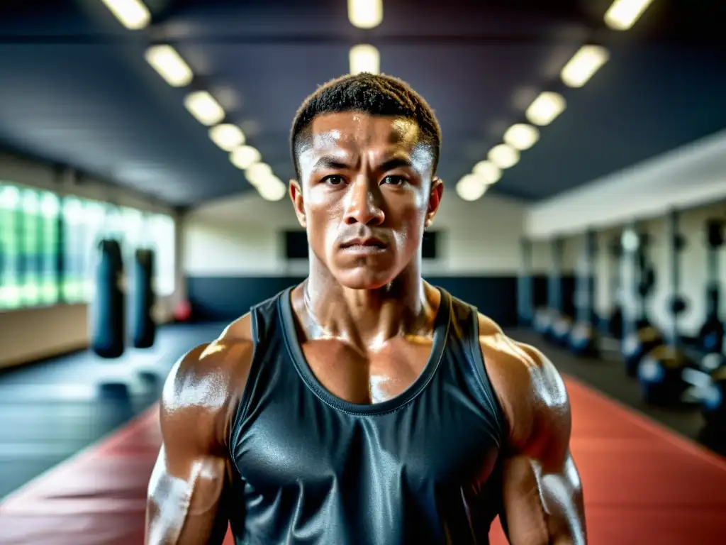 Un artista marcial entrenando intensamente en un gimnasio, enfocado y determinado, con un plan de hidratación para artes marciales