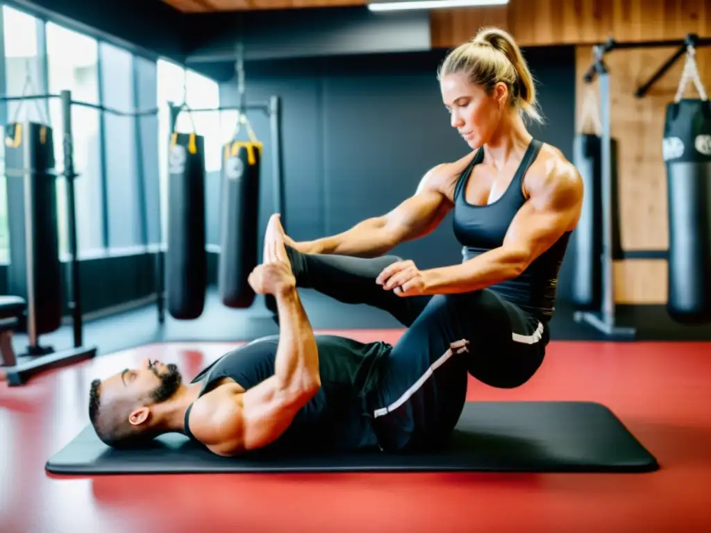 Un artista marcial se entrena en un gimnasio con un fisioterapeuta, previniendo lesiones lumbares con ejercicios de fortalecimiento