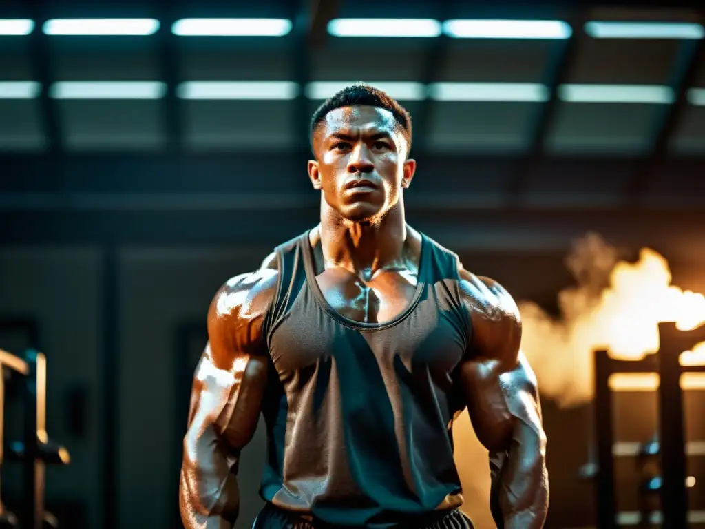 Un artista marcial se entrena intensamente en un gimnasio oscuro, mostrando determinación y fuerza