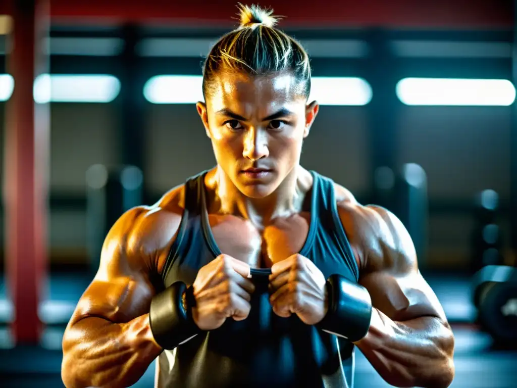 Un artista marcial se entrena intensamente en un gimnasio tenue, rodeado de suplementos para combatir el cansancio en largas sesiones, mostrando determinación y energía cruda