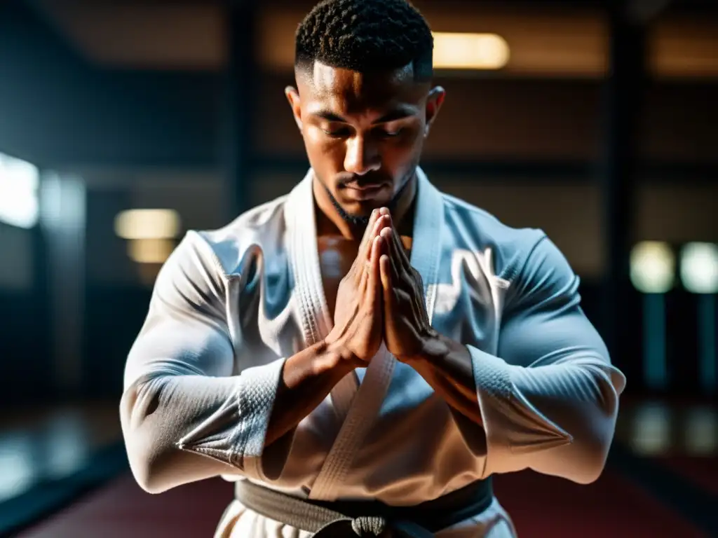 Un artista marcial se prepara con determinación en un gimnasio tenue antes de entrenar