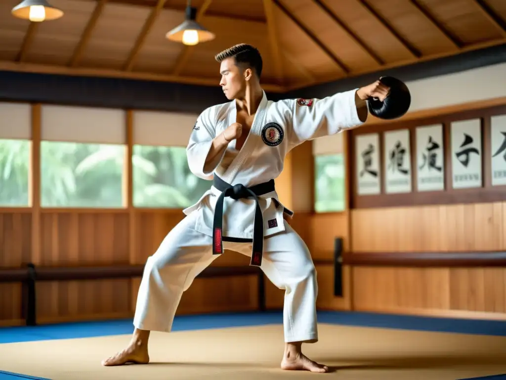 Un artista marcial ejecuta un golpe perfecto en un dojo iluminado, transmitiendo determinación y fuerza