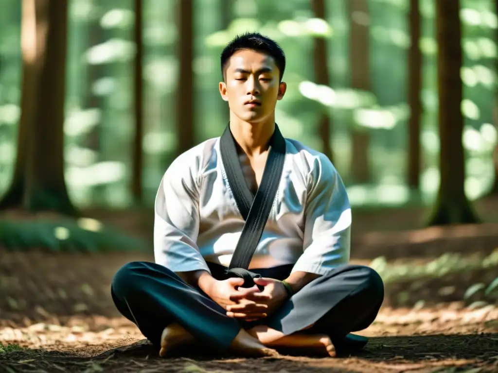 Un artista marcial en meditación guiada, vestido con atuendo tradicional, en un claro de bosque soleado y sereno