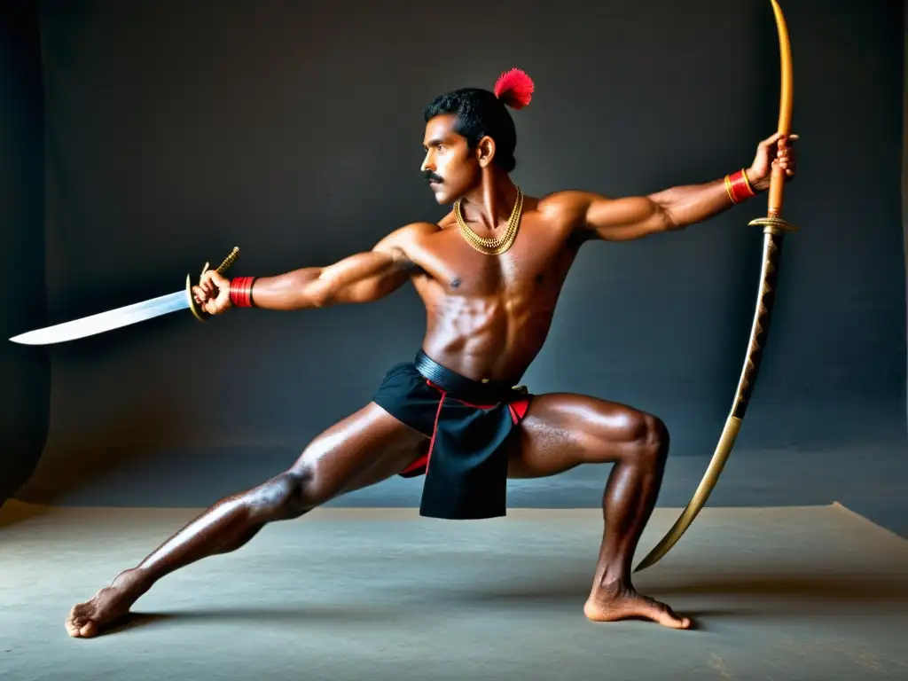 Un artista marcial de Kalaripayattu muestra habilidades con espadas, bastones y escudos