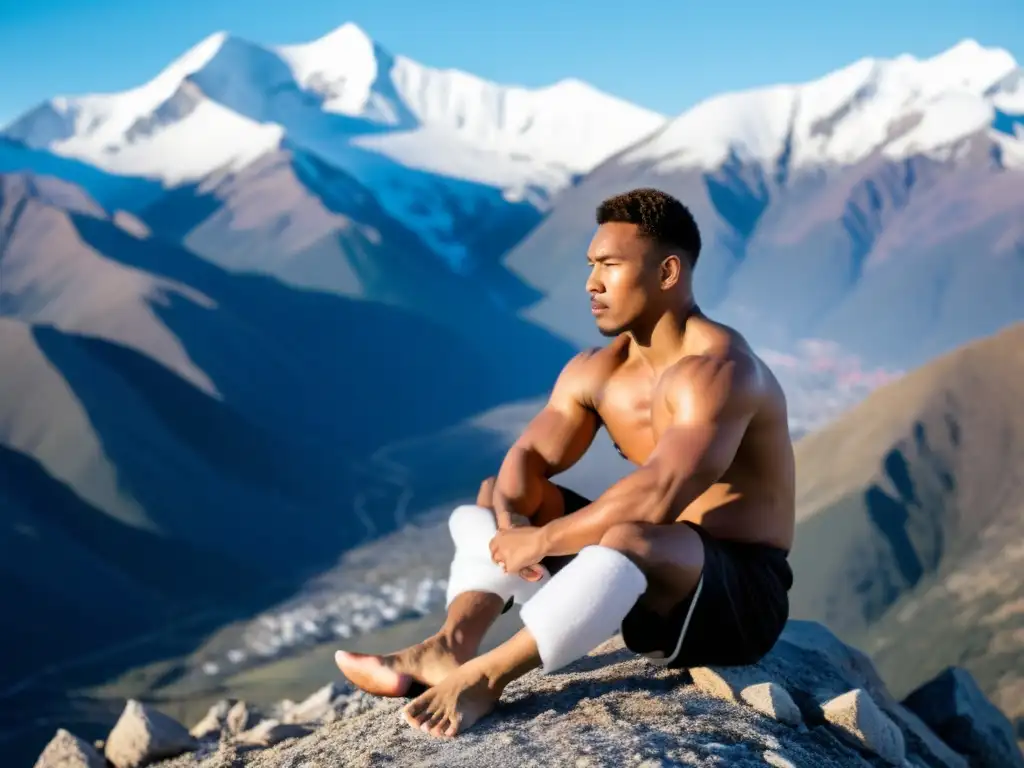 Un artista marcial aplica hielo en su rodilla entre montañas nevadas, mostrando los beneficios de la crioterapia en artes marciales