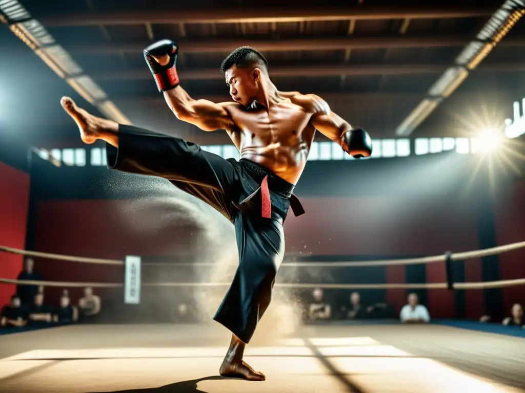 Un artista marcial ejecuta un impecable roundhouse kick en el aire, destacando su poder y precisión