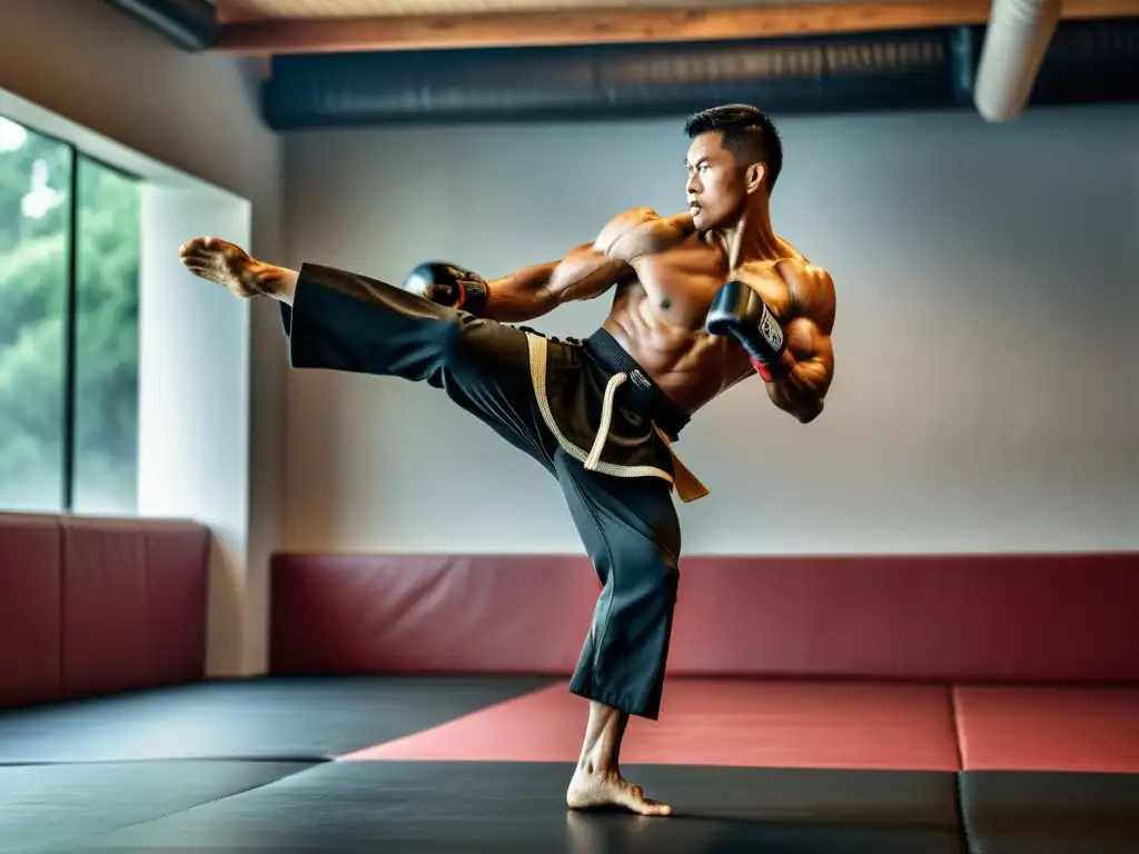 Un artista marcial ejecuta un impecable y veloz roundhouse kick en el dojo, transmitiendo poder y concentración