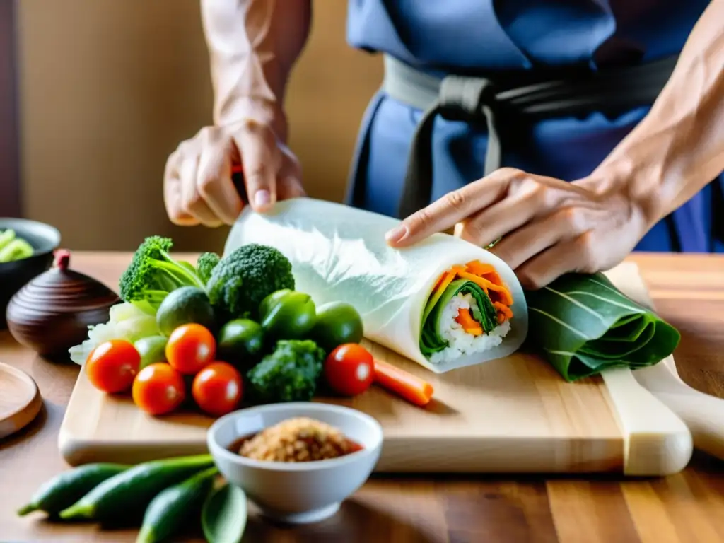 Un artista marcial enrolla con precisión ingredientes coloridos en arroz, mostrando la importancia de la alimentación para atletas marciales de élite