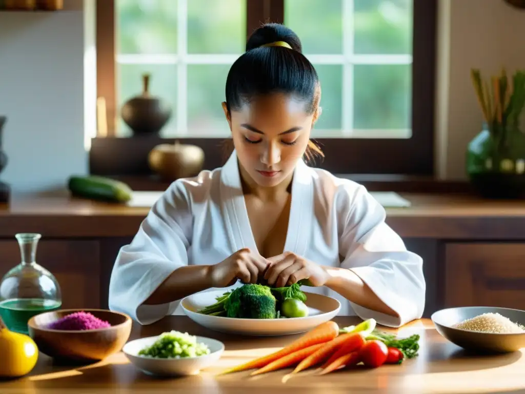 Un artista marcial prepara con precisión ingredientes nutritivos para artes marciales en un plato blanco, bañado por luz natural