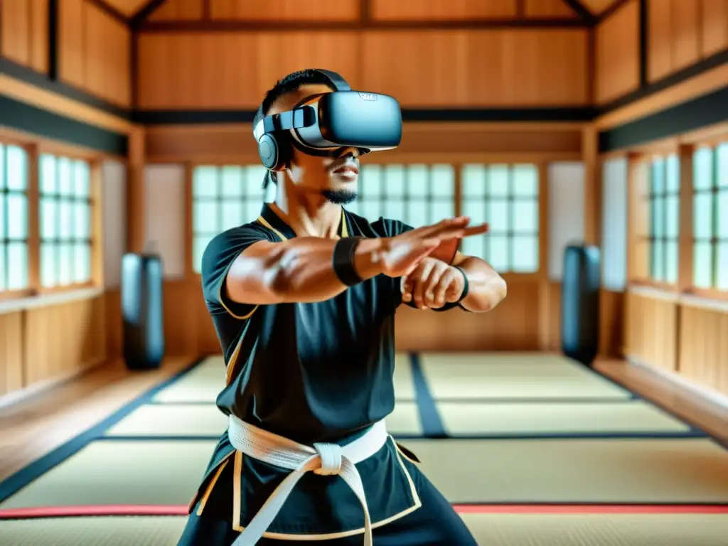 Un artista marcial inmerso en un dojo virtual, realizando una patada poderosa