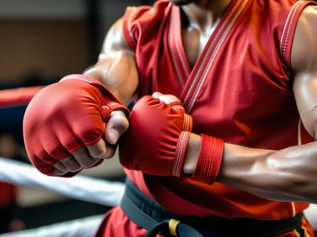 Un artista marcial dedica con intensidad, habilidad y disciplina las mejores vendas para artes marciales en sus manos