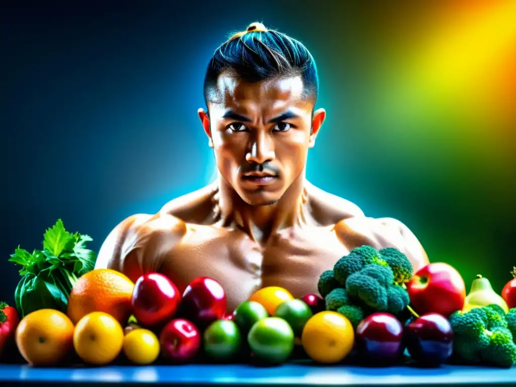 Un artista marcial entrenando con intensidad rodeado de frutas y verduras, mostrando los beneficios antioxidantes en artes marciales