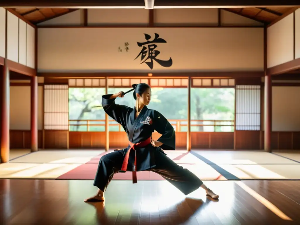 Un artista marcial practica un kata en un dojo sereno con luz natural y sombras dramáticas