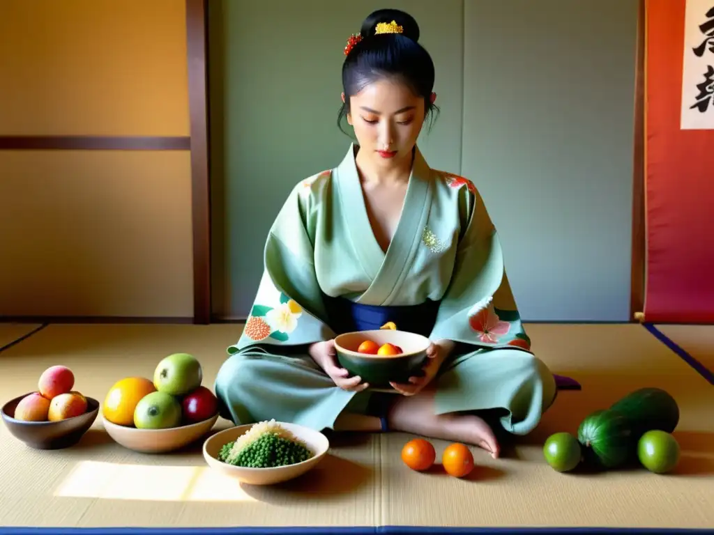 Un artista marcial en kimono disfruta de alimentos probióticos en un dojo iluminado por el sol, resaltando los beneficios probióticos para el sistema inmune en las artes marciales