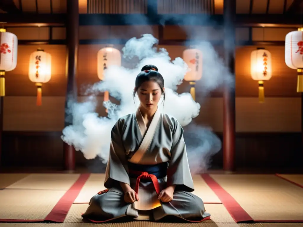 Un artista marcial en kimono tradicional realiza una reverencia en un dojo iluminado por tenues linternas de papel y humo de incienso