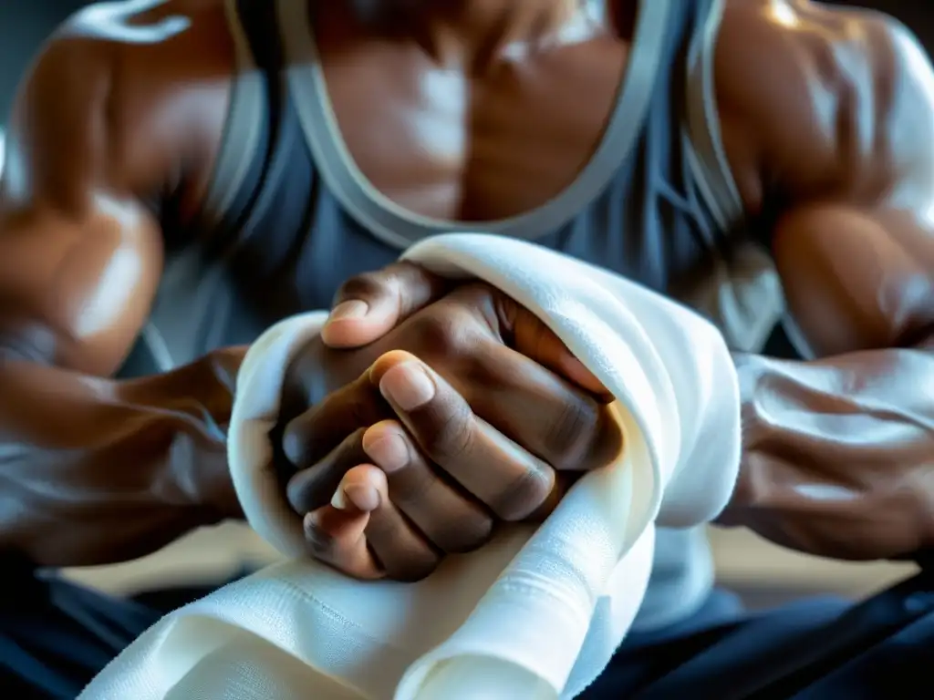 Un artista marcial se envuelve las manos con tela blanca, mostrando determinación y preparación antes de una sesión de entrenamiento