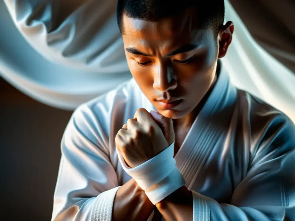 Un artista marcial envuelve cuidadosamente sus manos con tela blanca, mostrando la preparación meticulosa para el entrenamiento en karate