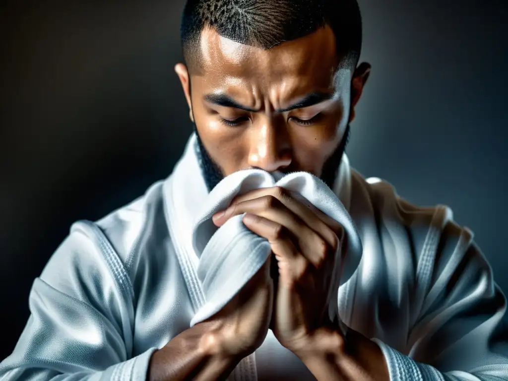 Un artista marcial se concentra al envolverse las manos con tela blanca, preparándose mentalmente para perfeccionar estrategias patadas bajas MMA