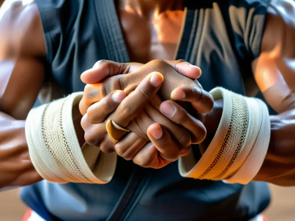 Un artista marcial envuelve sus manos con vendas tradicionales, mostrando la meticulosa preparación para el entrenamiento