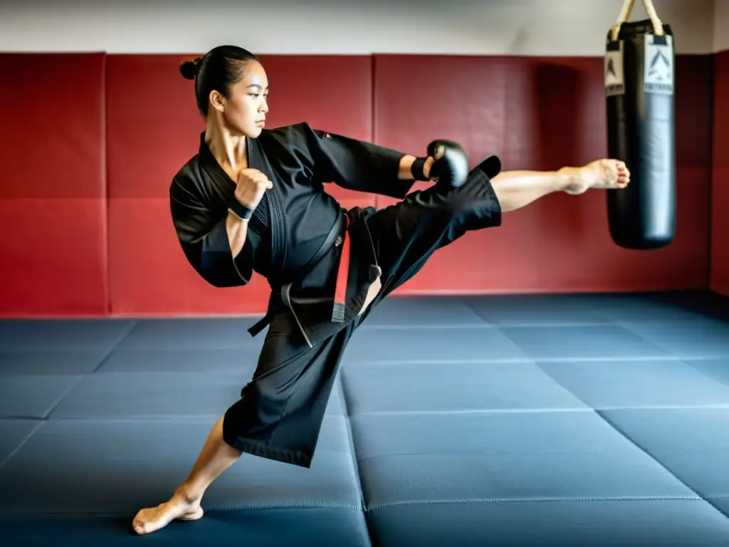 Un artista marcial usa las mejores rodilleras y coderas artes marciales para realizar una patada dinámica en un dojo tradicional