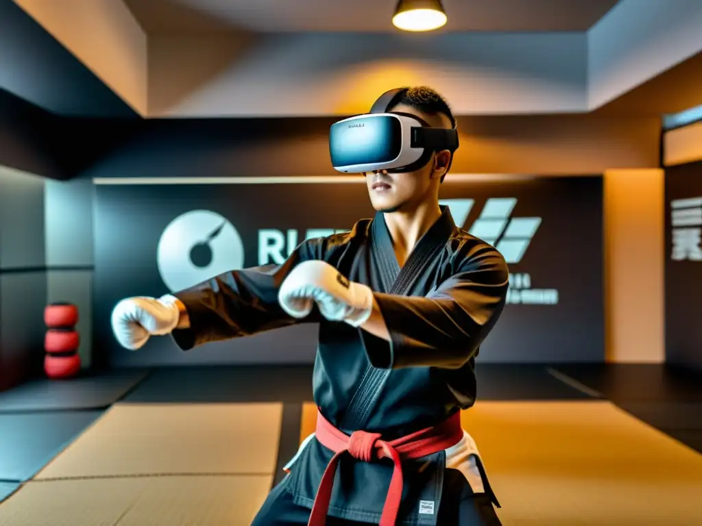 Maestro de artes marciales en entorno virtual de entrenamiento Un artista marcial en movimiento preciso, fusionando tradición e innovación en el análisis de movimientos de artes marciales con realidad virtual