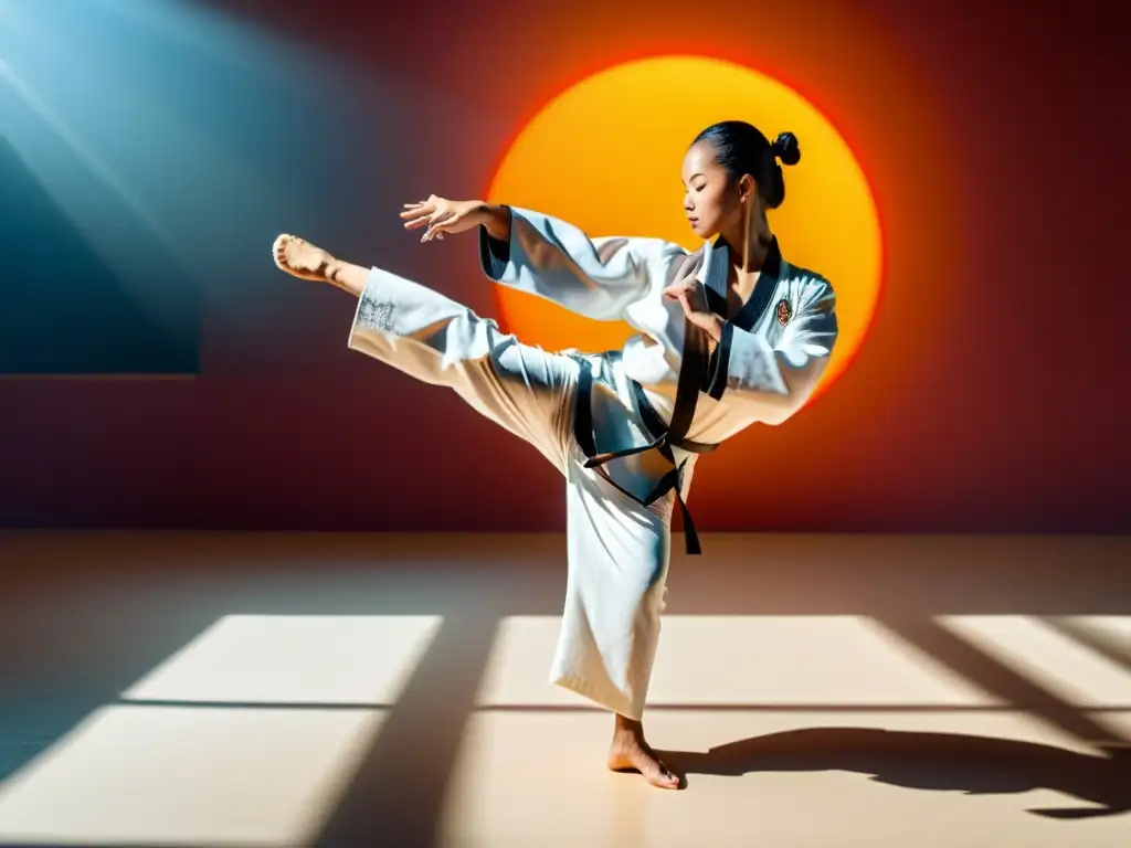 Un artista marcial realiza movimientos de danza en un estudio iluminado por el sol, capturando la fuerza y flexibilidad