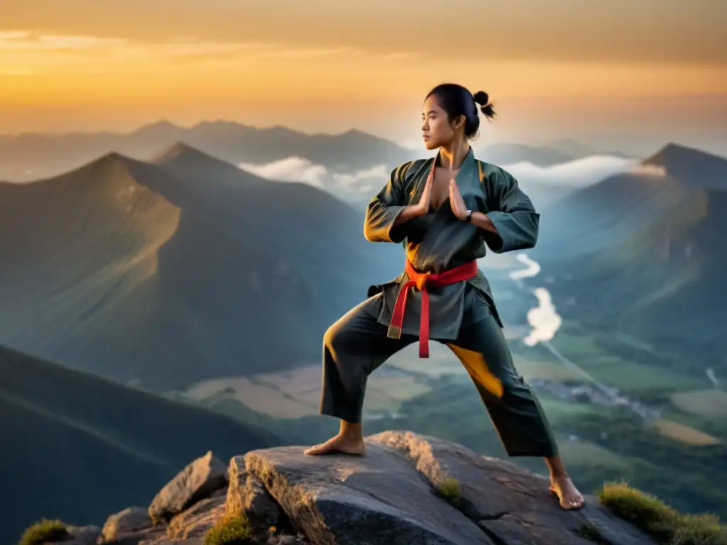 Un artista marcial practica movimientos poderosos al amanecer en la cima de una montaña, irradiando fuerza interior