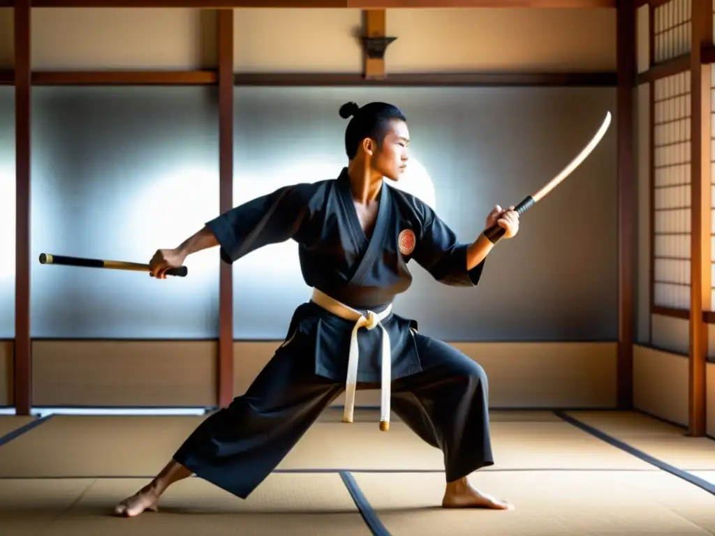 Un artista marcial hábil muestra movimientos precisos con un Bo Staff en un dojo tradicional