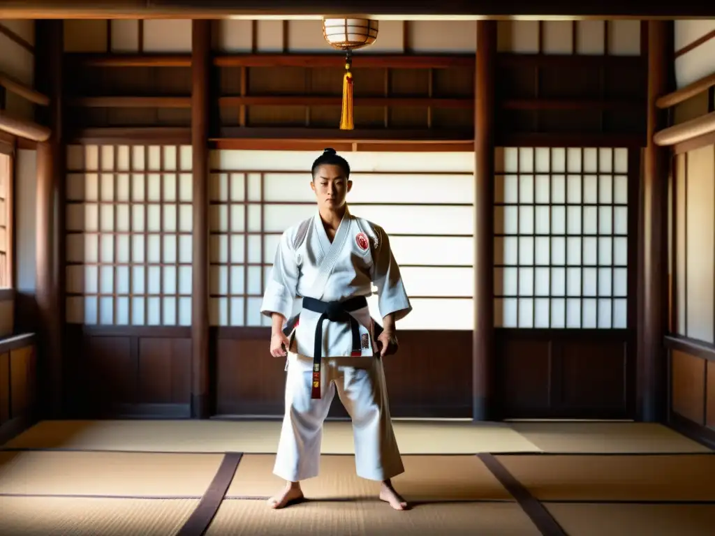 Un artista marcial practica movimientos precisos en un dojo tradicional, irradiando autodisciplina y determinación